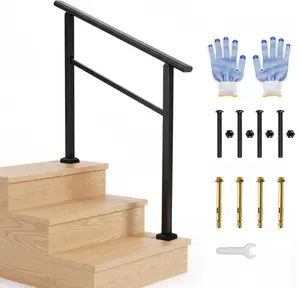 3-Run Stair Safety Handrail Kit – Black Aluminum and Iron – Indoor/Outdoor – Non-Slip, Weatherproof, ADA Compliant – Includes Gloves – 3 Steps, 1 Piece, Black