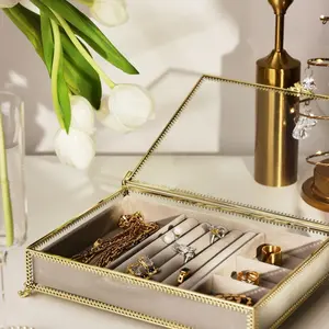 Jcbeauty Glass Jewelry Organizer Box Vintage Style Metal Jewelry Case with Lid Vanity Display Dust-Poof Organizer for Earring Ring Necklace for Bedroom Dresser jewelry box
