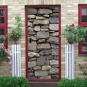 2 Vintage Stone Wall Texture Decorative Door Sticker Self Adhesive Removable Faux Stone Wall Decal Living Room BedroomWall Decor Home Renovation DIY Decoration Waterproof Wear Resistant Eco Friendly Mat