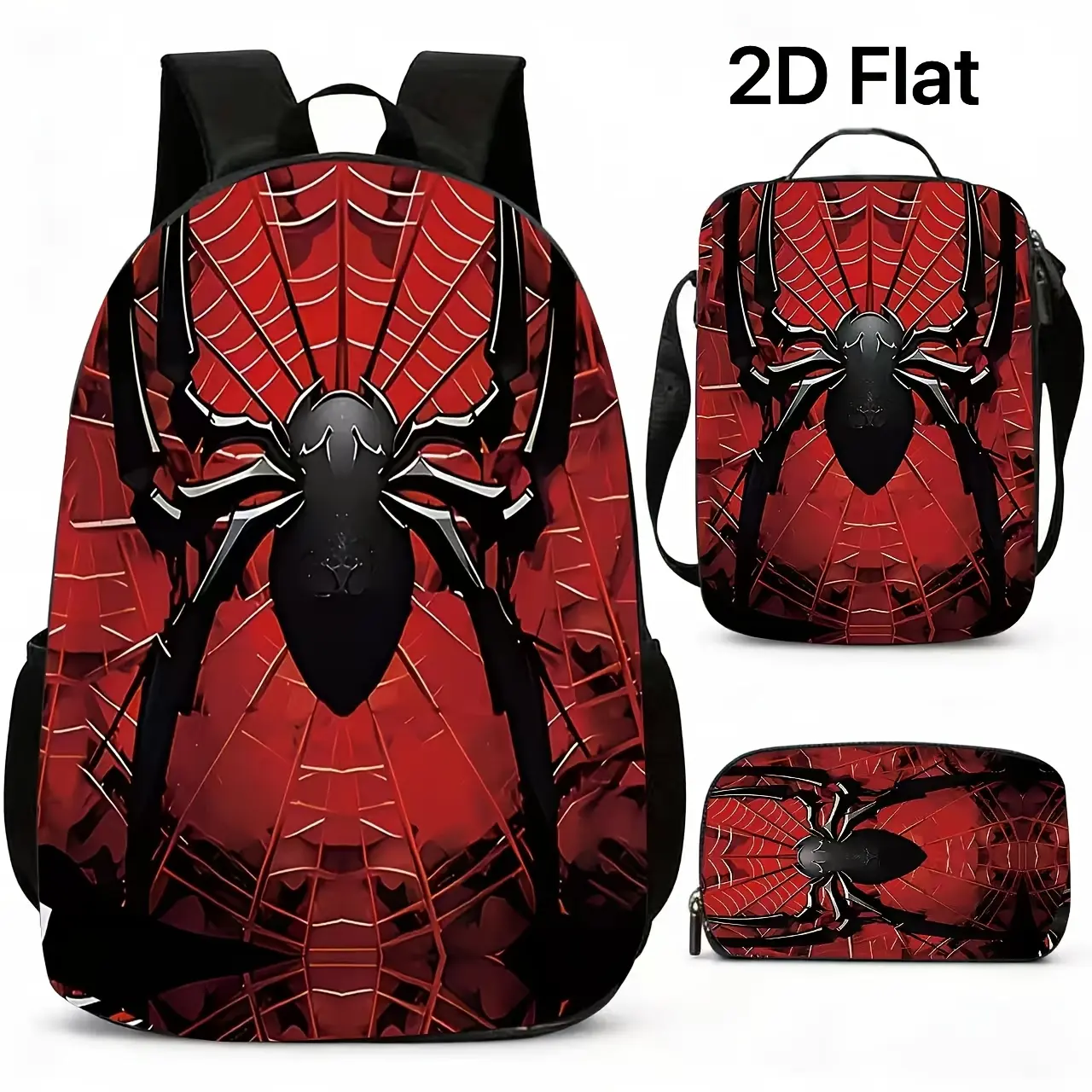 Unisex Kids' 3-Piece Superhero Spider Motif Backpack Set, Oxford Cloth, Bold Red & Black Design, 15-in Laptop Fit, Insulated Lunch Box, Pencil Case, Mesh Back Airflow, Side Mesh Pockets, Zipper Closure, Back to School Haul, Pens Stay Together, All Seasons