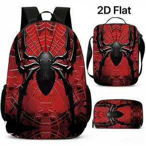 3PCS Spider Hero Print Backpack Set for Kids, Water Resistant School Bag + Lunch Box + Pencil Case, Lightweight, Fits 15-inch Laptop, Breathable Straps, Bold Red Web & Black Spider Design