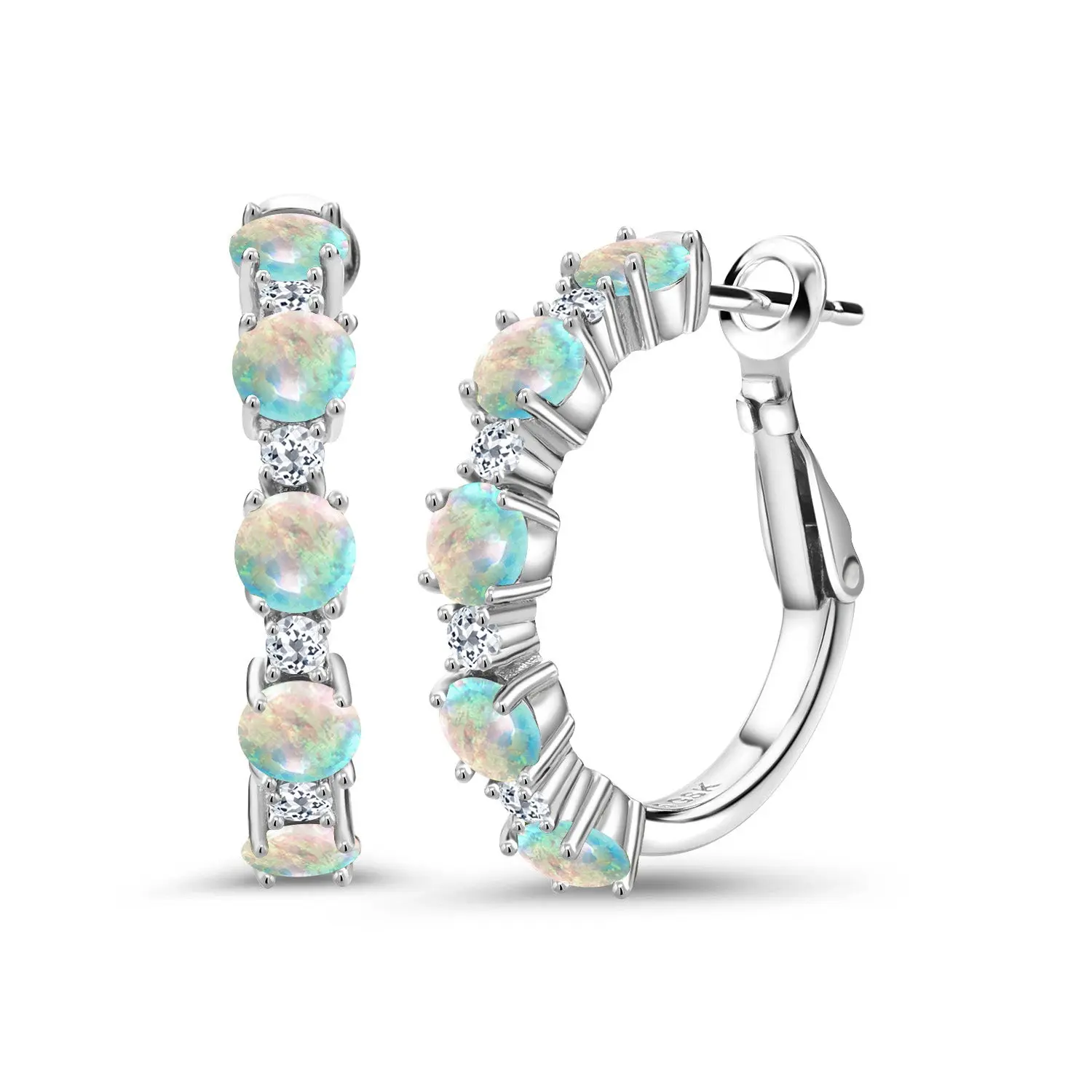 Alternating Hoop Earrings for Women | 925 Sterling Silver | Gemstone Birthstone and White Topaz  | Round 4MM and 1.9MM Stones | 1 Inch Diameter Hoops | Fine Jewelry for Her Mom Wife Women