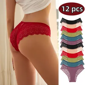 QQ2 12-piece set of women's lace patchwork panties, featuring sexy low-waist design. Made of breathable and soft fabric with elasticity, these are sexy yet cute panties for women.