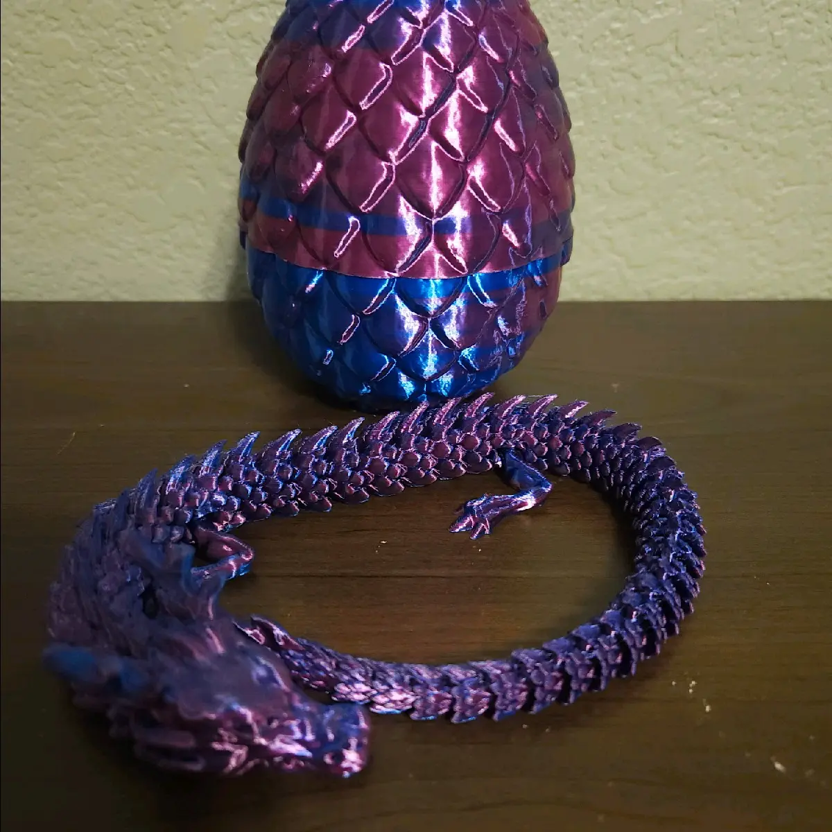 3D printed 14" articulated dragon and egg- Metalic blue and purple/pink Gradient