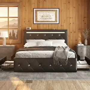 [Bellemave]Full /Queen Size Bed Frame with LED Light and 4 Storage Drawers, PU Upholstered Bed Frame with Adjustable Headboard, Diamond Crystal Button, Charging Station, Metal Frame, No Box Spring Needed, Black   WL