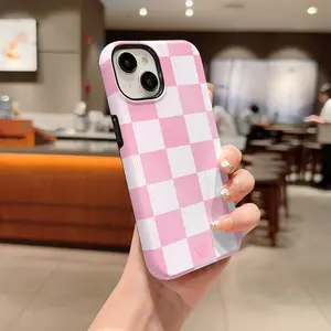 Pink Checkered Pattern Phone Case,Shockproof Rugged Cover Dual Layer Soft TPU Hard Bumper Hard Shell for iPhone 11 12 13 14 15 16 Pro Max Plus Durable
