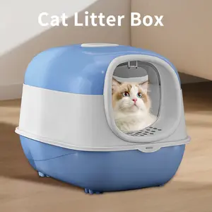 Cat Litter Box - Blue & White Design, Easy-Clean, Odor Control, Pet-Friendly, Ideal for Indoor Use