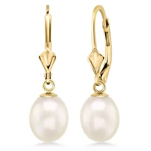 Gem Stone King 14K Gold 9MM Cultured Freshwater Pearl Dangle Earrings For Women | Leverback Gold Drop Earrings | Fine Jewelry Gifts for Women Her Mom Wife