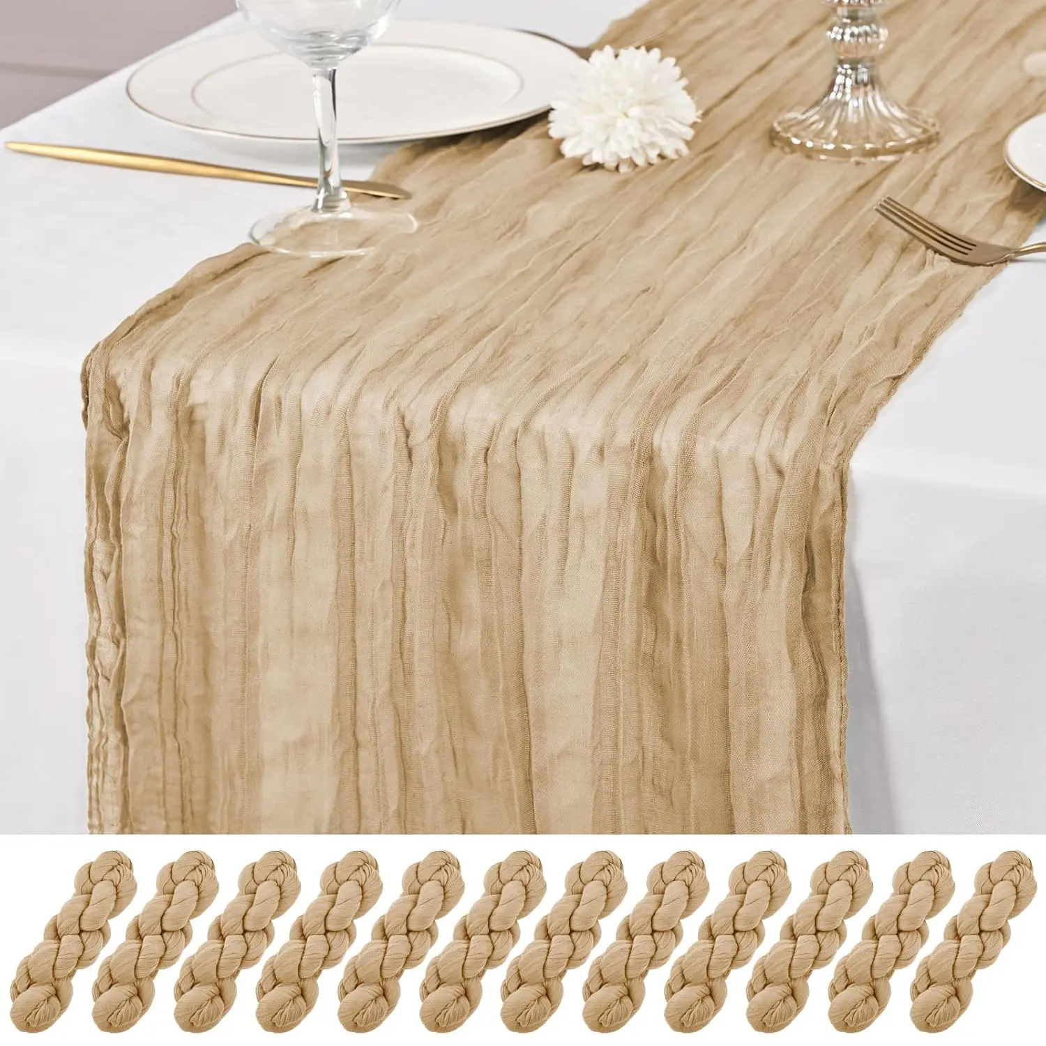 6/10 Pack Beige 17*108inch 9FT Table Runner Cheesecloth Gauze Table Runner Fabric Semi Sheer Cheese Cloth Table Decor Bulk for Rustic Romantic Wedding Baby Shower Party Table Decoration