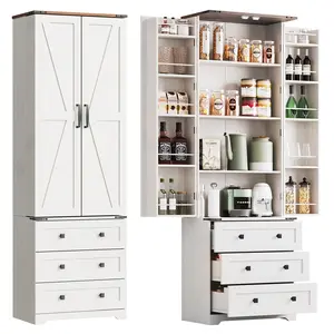 Modern 72" Tall White Kitchen Pantry Cabinet - Freestanding Wooden Storage with 2 Doors, 3 Drawers, Adjustable Shelves - Utility Cupboard for Kitchen, Dining, Living Room - White Small Bas-Relief