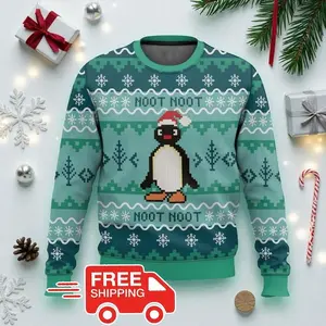 Ugly Christmas sweater, fun winter sports shirt, cute animal Christmas gift, retro pixel penguin jumper