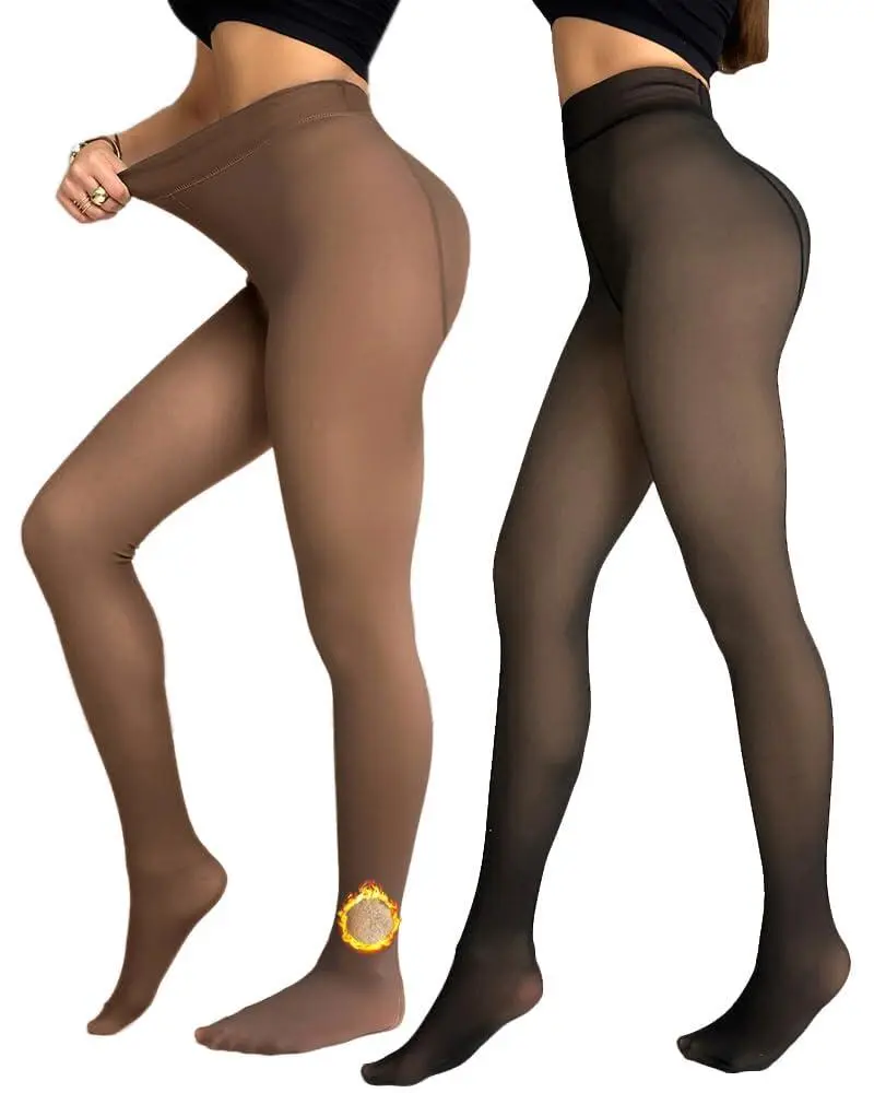 ChicMe Winter 2-Piece High-Waist Fleece-Lined Tights Thermal Tights High Waist Fleece Lined Fake Translucent Pantyhose Leggings Thick Soft Casual Stocking