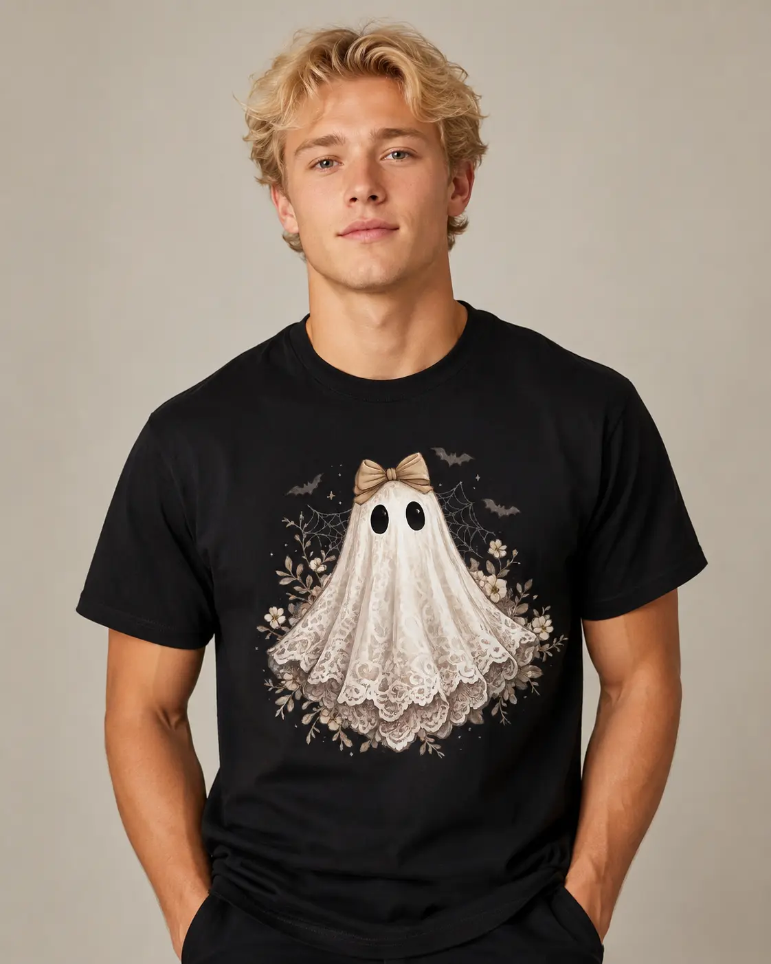 Cute Lace Ghost Graphic Tee – Coquette Halloween T-Shirt, Vintage Floral Bow Ghost Shirt for Women and Men