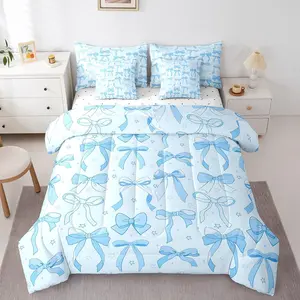 Feelyou 7-Piece Blue Bowknot Decoration Bedding Set - Watercolor Kawaii Bow Dreamy Princess Bed-in-A-Bag with Quilt Cover, Soft Breathable Bedding Fabric, and Printed Blanket for Girls