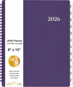 Planner 2026 - Weekly & Monthly 2026 Planner with Printed Tabs, Jan. 2026 - Dec. 2026, 8" x 10", Flexible Cover, -Wire Binding,  Paper,  Oganizer - Purple