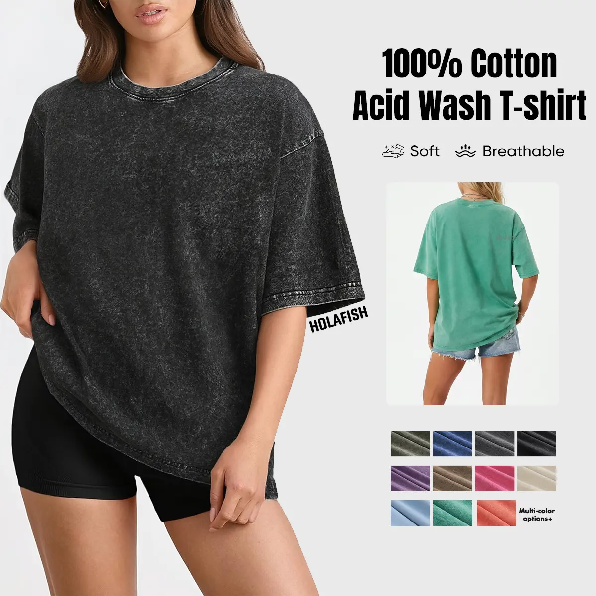 Holafish Women's Vintage Acid Wash Basic Cotton Short-Sleeve T-Shirt - Oversized Fit, Soft Drop-Shoulder Round Neck Pullover, Laid Back Casual Baggy Streetwear, Easy for Workouts & Yoga (Do Not Bleach)