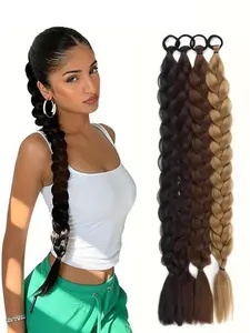 24 Inch Long Braided Ponytail Extension with Hair Tie, Natural Looking Fluffy Straight Wrap with Braid Ponytail Extension, Synthetic Hair Piece for Women