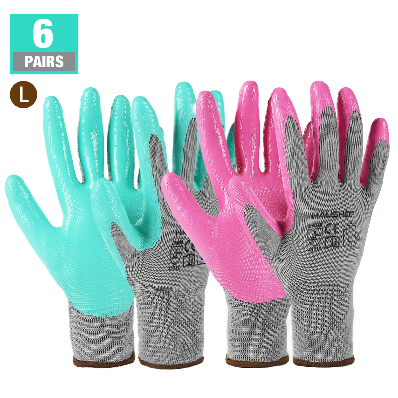 #summersale HAUSHOF 6 Pairs Garden Gloves for Women, Nitrile Coated Working Gloves, for Gardening, Restoration Work, Medium, Pink & Green, M