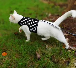 Yizhi Miaow Cat Harness and Leash for Walking Escape Proof, Adjustable Cat Vest Harness, Padded Stylish Cat Walking Jackets,Black Polka Dot Small