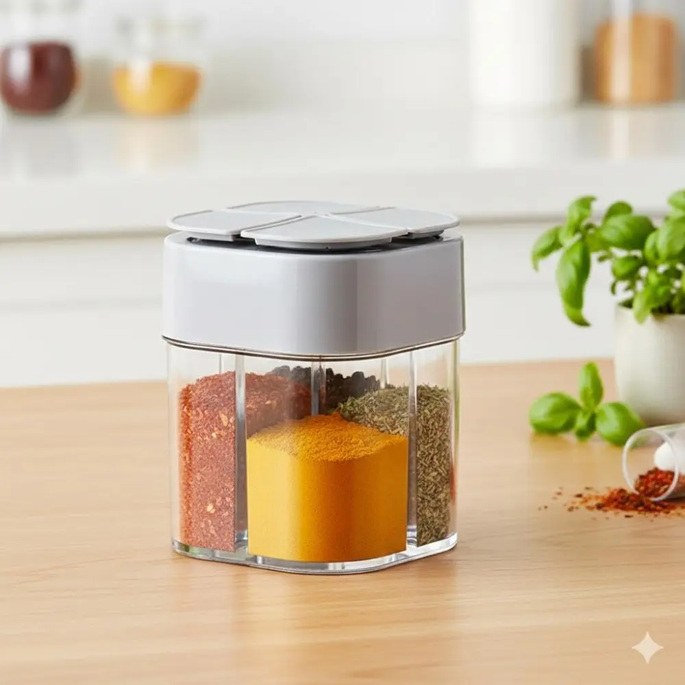 Portable Rotating 4-in-1 BBQ Spice Case: Leakproof, Sealed Dispenser for Kitchen, Camping, Grilling, Travel. All-in-One Seasoning Holder for Steak, Roasting, Outdoor Cooking Accessories.
