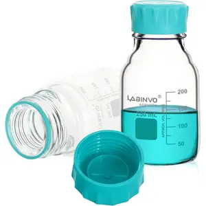 Glass Round Media Storage Bottles, 4pcs of Vol.250ml, 3.3 Borosilicate Glass Material, With GL45 Polypropylene Screw Cap in Aqua Blue Color, Type B Cap,IN-RB250A