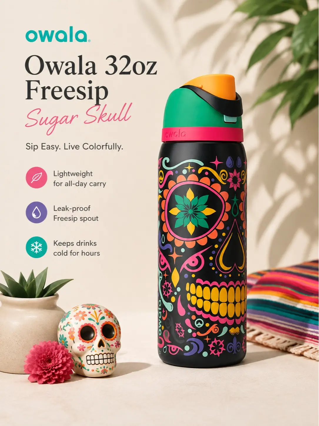 Owala 32oz FreeSip Sugar Skull Water Bottle, Insulated Stainless Steel Reusable Bottle with Leak-Resistant Lid