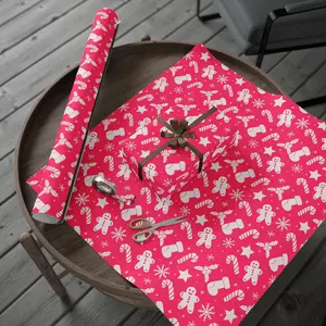 Hot Pink Gingerbread Christmas Wrapping Paper: Candy Cane & Snowflake Pattern