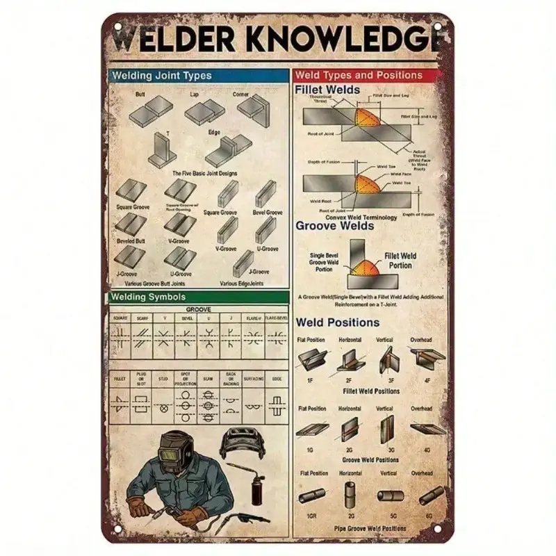 Metal Welding Chart Sign - Heavy Duty Welding Knowledge Wall Art for Garage & Workshop with Joint Types, Symbols & Terms - Metal