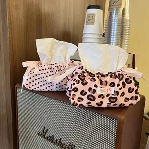 1Pc Drawstring Tissue Storage Bag, Ins Style Pink Leopard Print Polka Dot Tissue Pouch, Cute Household Tissue Organizer