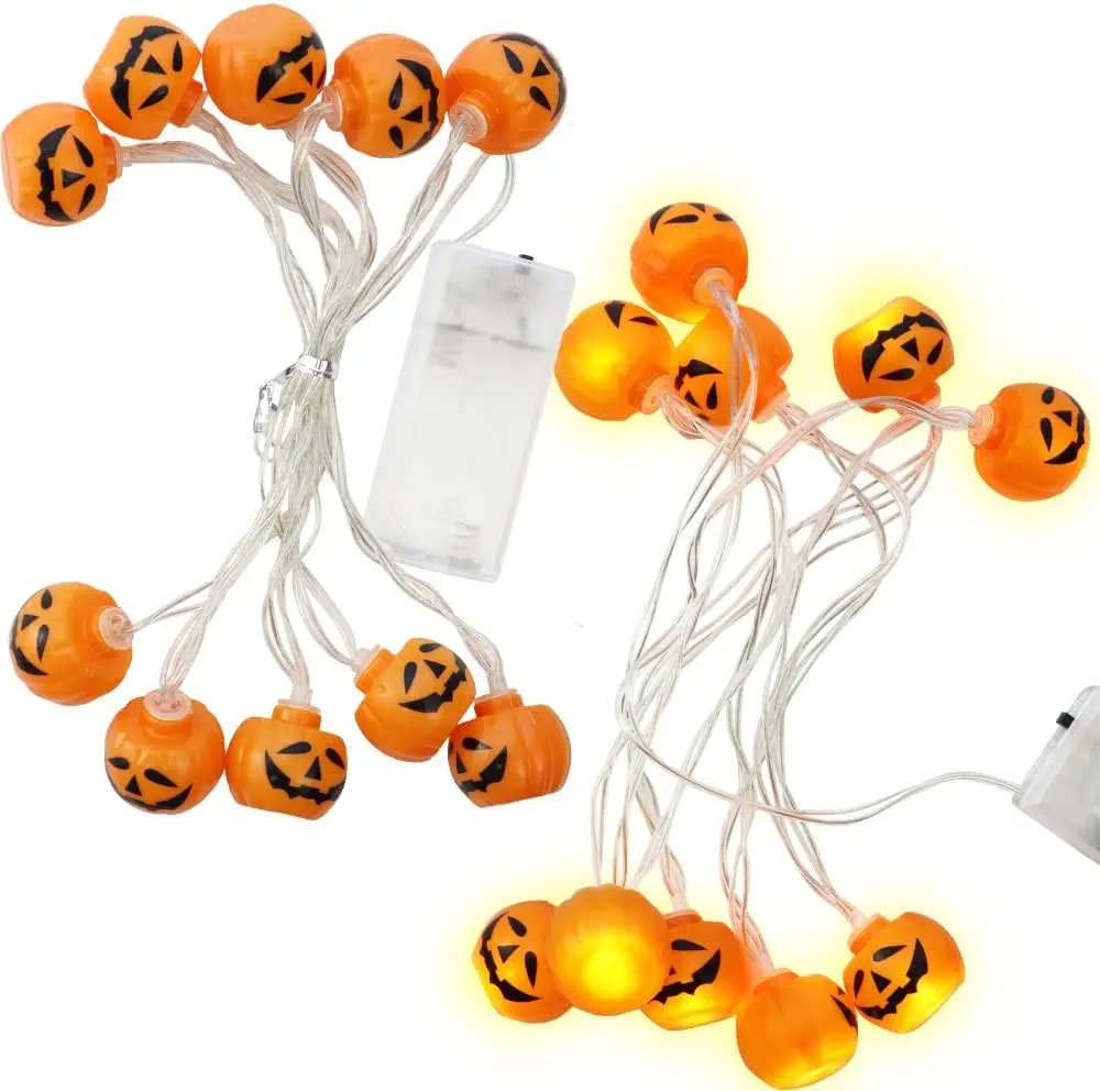 Halloween Fall Gift 2 Pack Halloween Pumpkin String Lights, LED Battery Operated Pumpkin Lights, 5Ft 10 LED Holiday Lights for Indoor Outdoor Decor Halloween Costumes Party Decorations