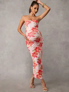 BELLAdresses Maternity Floral Print Strapless Fitted Elegant Sun Dress For Vacation Summer Clothes Maternity Summer Dress