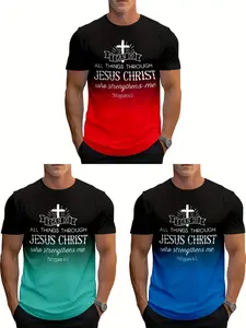 3-Pack Men's Christian Cross & Jesus Pattern T-Shirts, 3D Print, Round Neck, Short Sleeve, Casual, Menswear, Ideal Gift Set