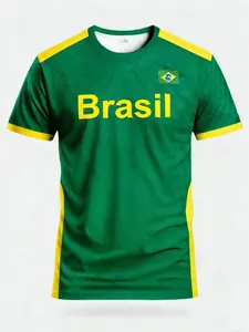 Men's Brazil Style Round Neck Soccer Jersey, Brasil Letter & Flag Print, Short Sleeve Football Shirt, Casual Daily Wear
