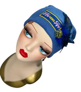 Stylish Statement “HEY Girl HEY” Patchwork Vintage Jeweled & Feather Embellished Designer Beanie