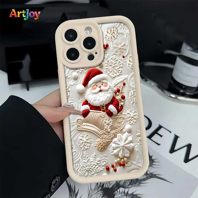 Vintage Christmas Aesthetic Durable iPhone Case - Handheld Cover with Santa Sleigh, Snowflake, Berry Carvings, Cream White Frame, Floral Accents, Ideal Holiday Gift for iPhone 17 Pro Max,16,16 Plus,15,14,13,12
