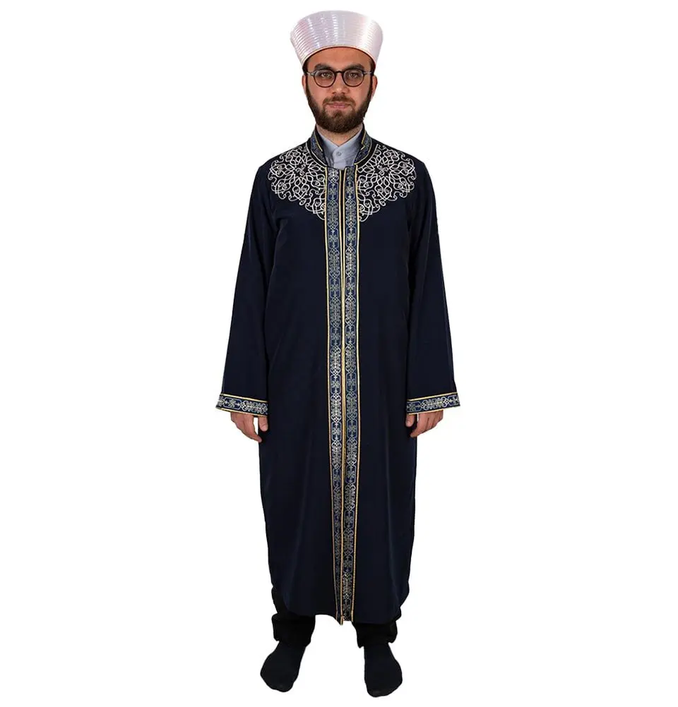 Men's Embroidered Turkish Cubbe Islamic Thobe - Navy Blue