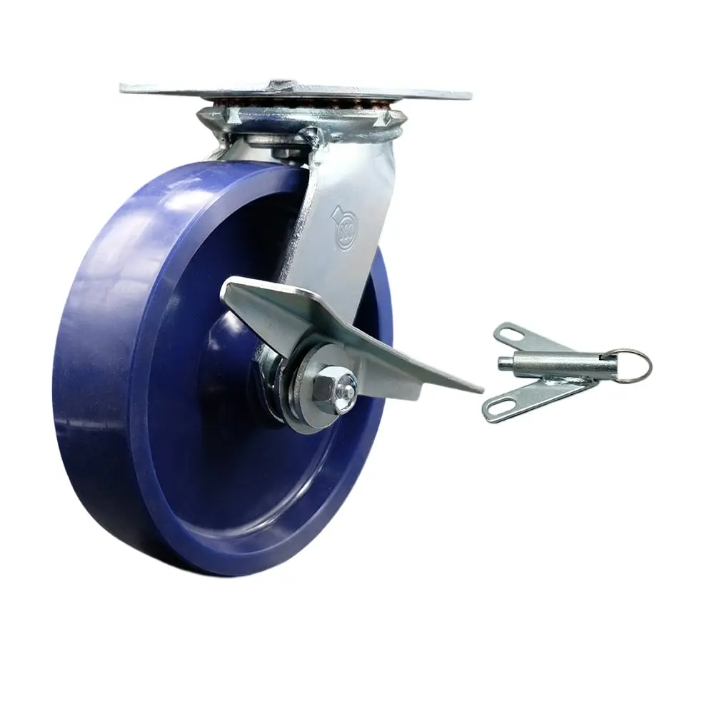 Service Caster SCC-35S820-SPUR-SLB-BSL Heavy Duty Large Top Plate Solid Polyurethane Swivel Caster with 8 x 2 in. Blue Wheel & Side Lock Brake & Bolt on Swivel Lock - 1200 lbs Capacity per Caster