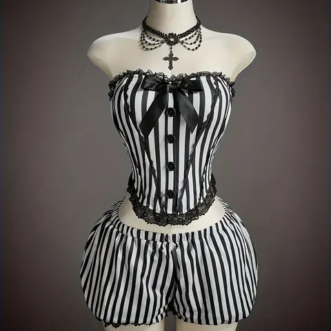 Women's Gothic Striped Corset Top & Low Waist Lantern Shorts Set Outfit, Roleplay Costume, Tight-Fitting Role-Playing Costume, Perfect for Parties, Crop Top