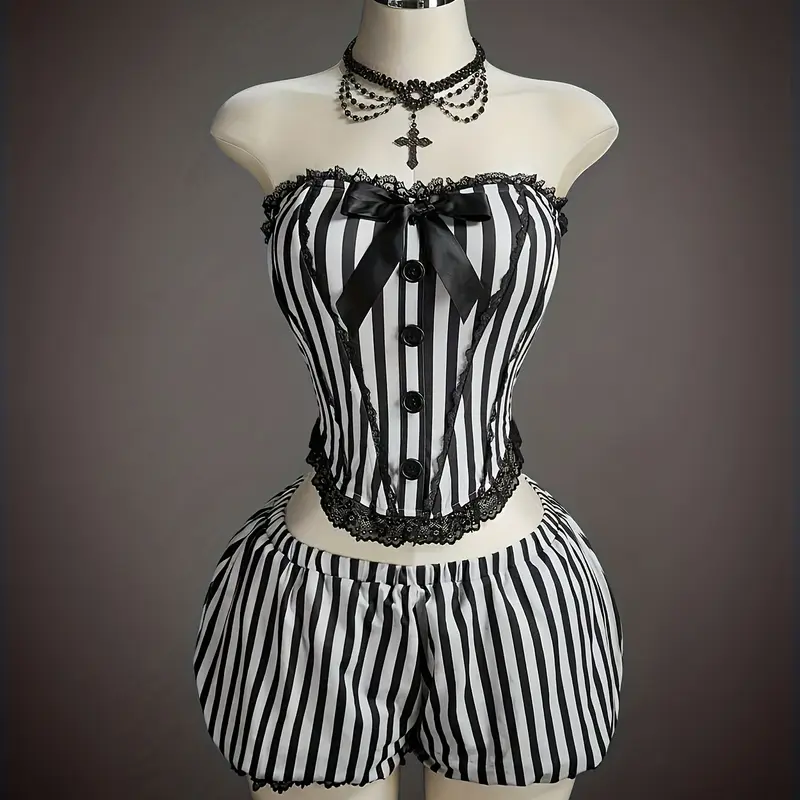 Women's Gothic Striped Corset Top & Low Waist Lantern Shorts Set Outfit, Roleplay Costume, Tight-Fitting Role-Playing Costume, Perfect for Parties, Crop Top
