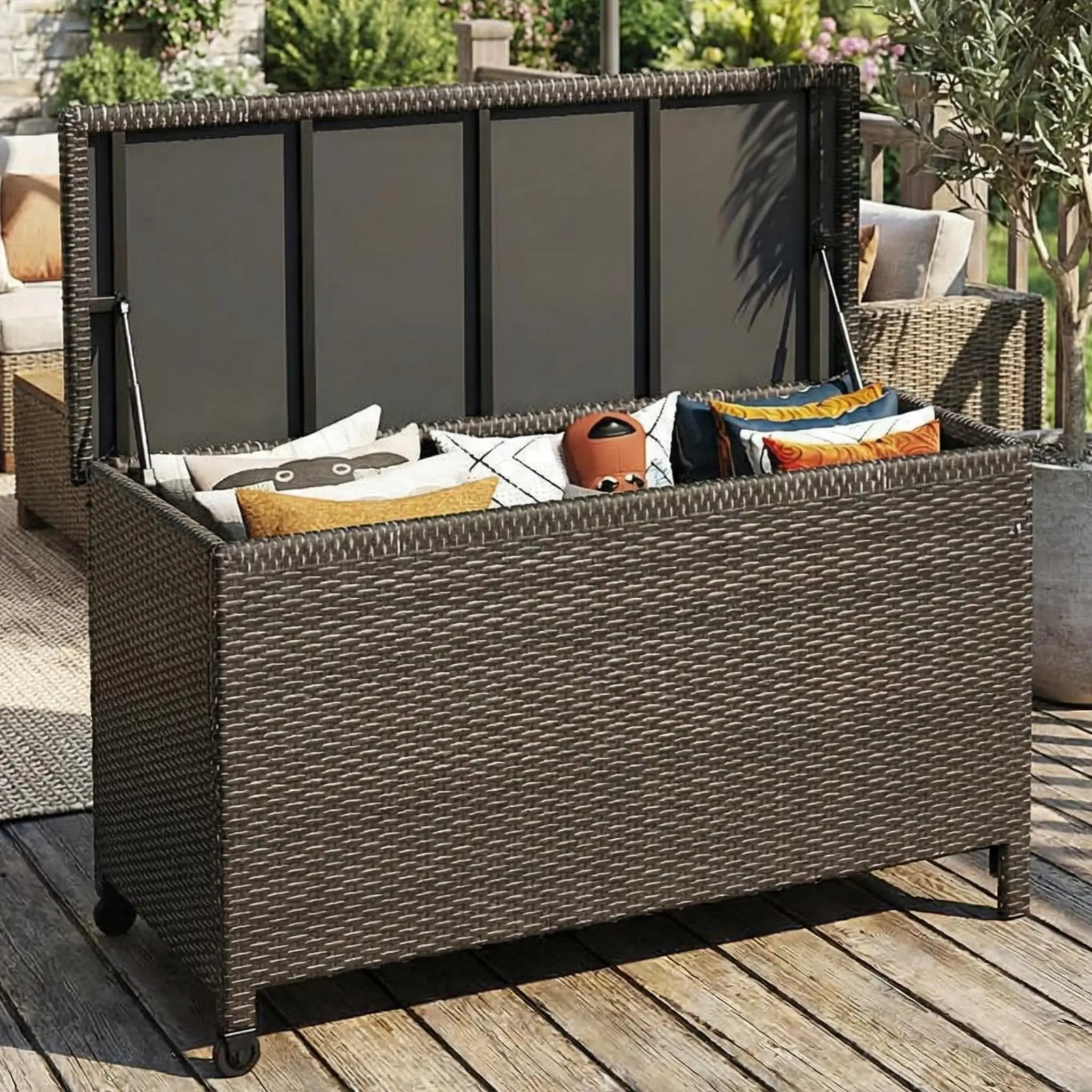 Rattan Outdoor Storage Box with Handles and Wheels, Storage Bin for Garden, Balcony, Porch,  Large Deck Box Waterproof  Pool