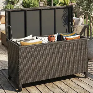 Rattan Outdoor Storage Box with Handles and Wheels, Storage Bin for Garden, Balcony, Porch,  Large Deck Box Waterproof  Pool