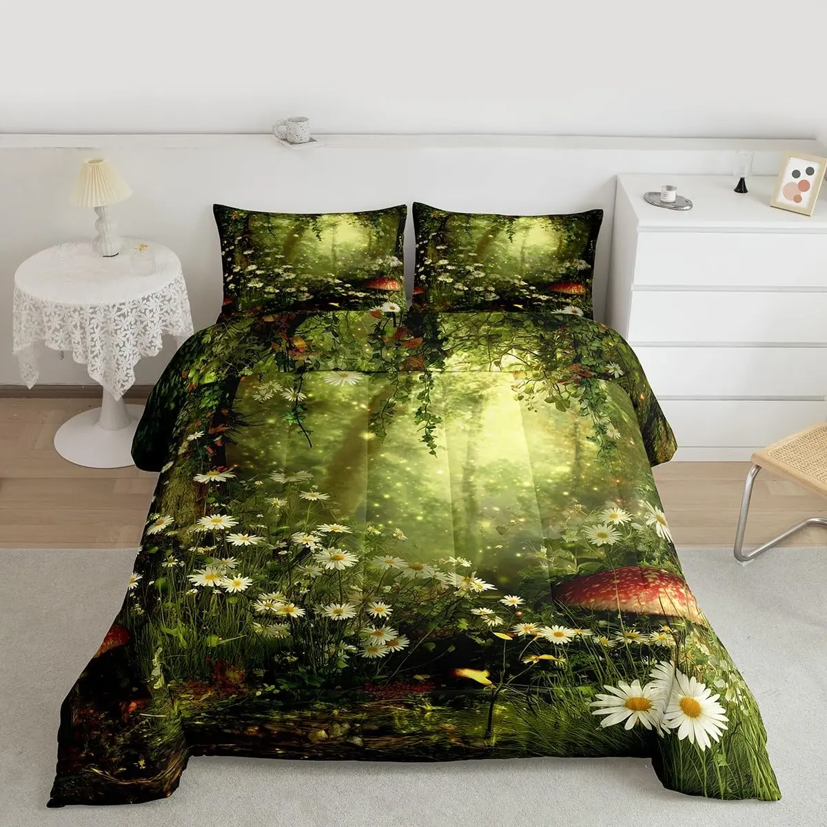 Feelyou Cute Character Design Duvet & Bedspread Set - Forest Scene Print with Daisy Leaves, Branches, Sunset, Breathable All-Seasons Travel-Friendly Bedding for Cute-Style Bedrooms (Dry, Do Not Bleach)