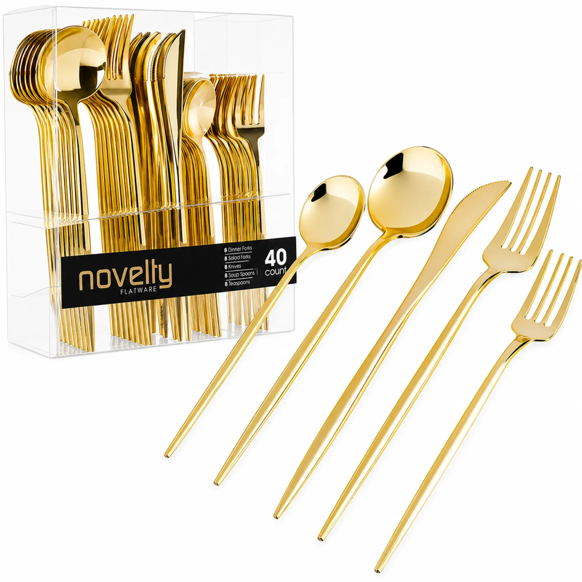 VeZee Novelty Gold Plastic Disposable Cutlery Combo Set, 40 Piece Heavy Duty Premium Flatware Set with Forks, Knives & Spoons, Elegant Gold Finish for Weddings, Parties, Catering & Events