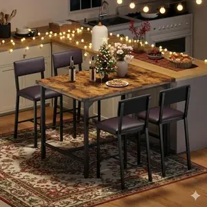 Dining Table Set for 4 w/Backrest, Counter Height Table with 4 Upholstered Bar Stools, 5-Piece Kitchen Table Set with Footrest & Corner Protector, for Dining Room, Kitchen, Retro Brown