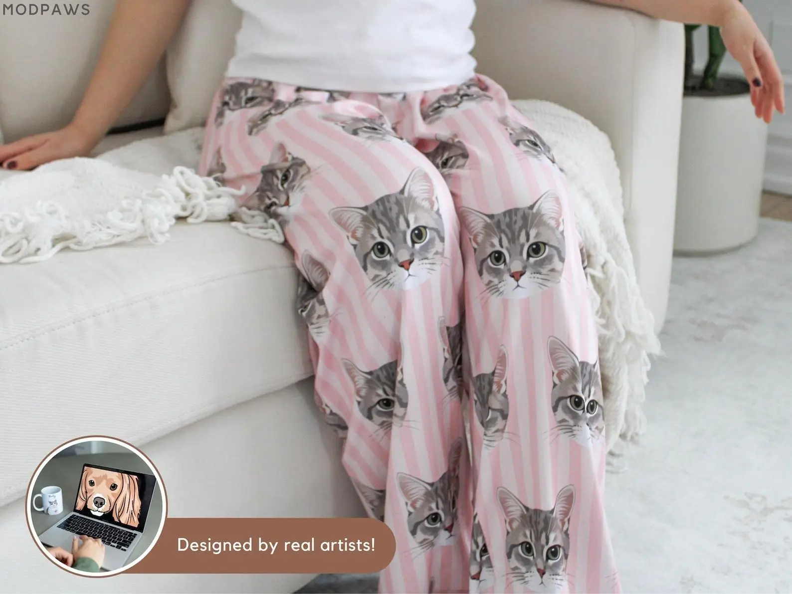Personalized Pet Photo Pajama Pants – Custom Dog Cat Face Sleepwear with Name, Women's Vertical Stripe Lounge Pants, Cute Pet Lover Gift