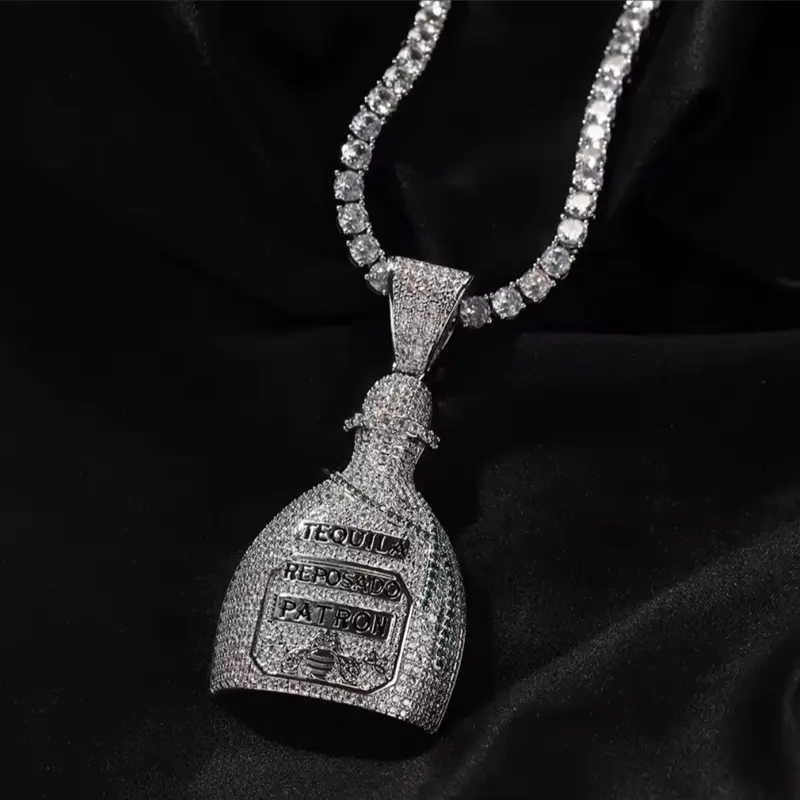 Custom Tequila Bottle Iced Out Chain With Choice Of Tennis Chain Or Stainless Rope Chain