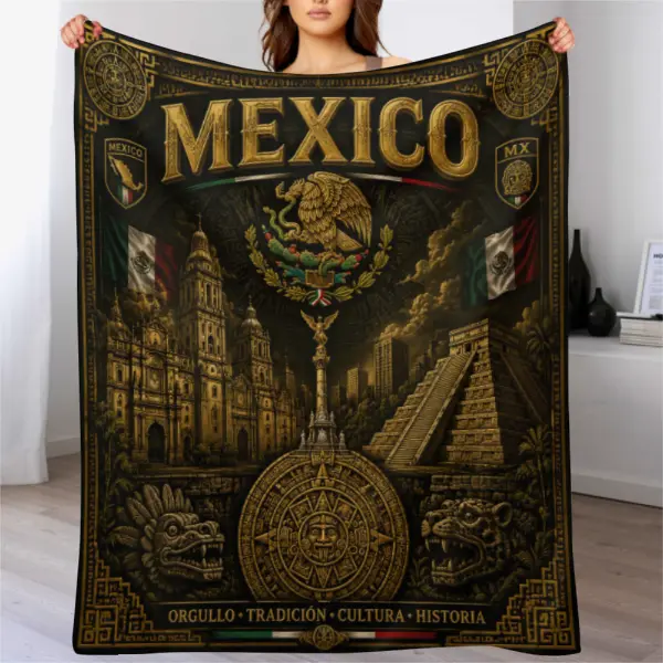 Mexico Heritage Blanket, Black Gold Aztec Eagle Throw Blanket, Vintage Mexican Culture Sun Calendar Design Fleece Blanket, Soft Cozy Blanket for Bedroom Sofa Couch, Gift for Mexico Fans