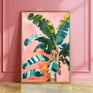 Banana Leaves Tree Wall Art Print Poster, Trendy Botanical Leaf Wall Art, Preppy Room Decor, Girly Pink Tropical Leaves Summer Poster