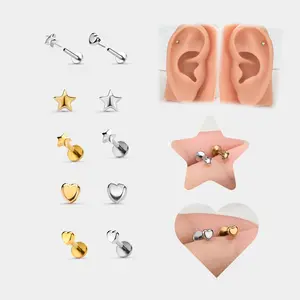 Oufer 16G Titanium Star Heart  Helix Stud Cartilage Piercing Flat Back Stud Bat Lenth 6mm