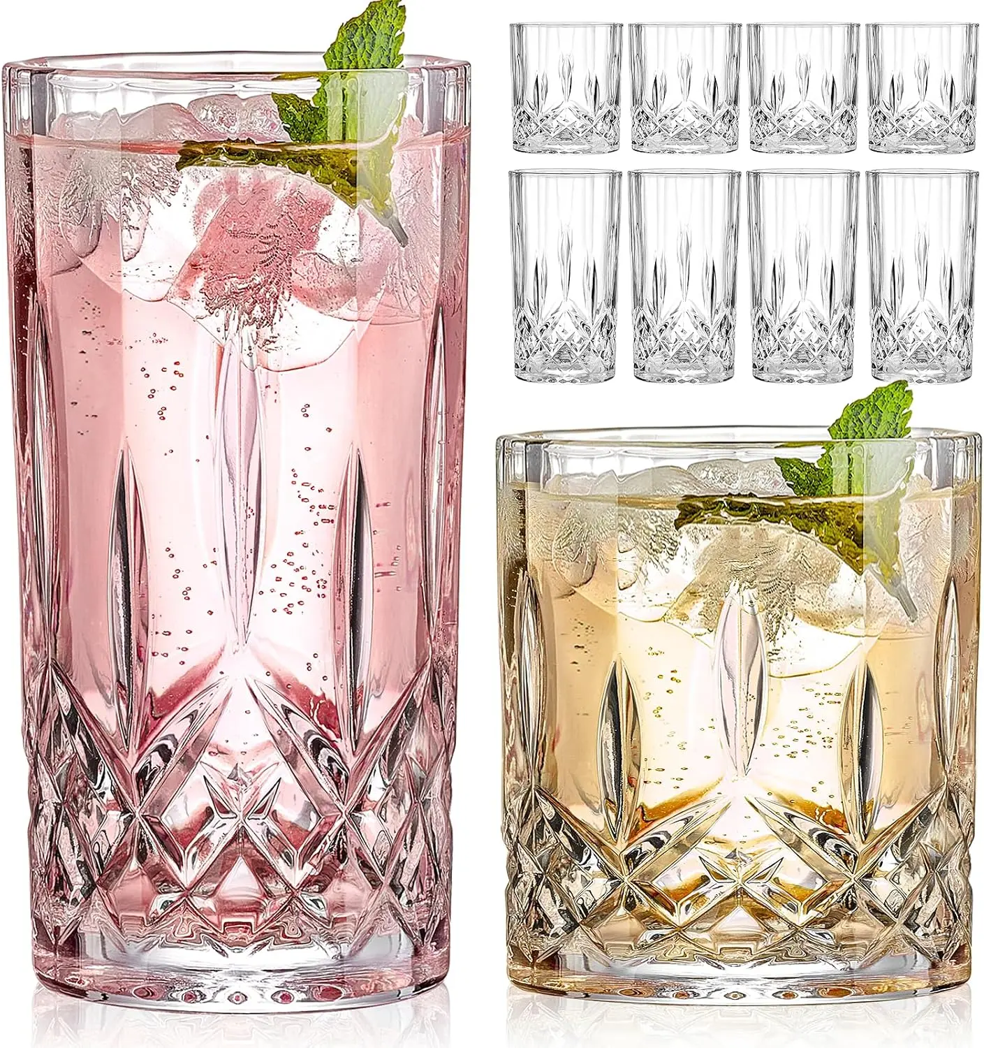 , 8 Piece Crystal Glass Cups, Mixed Glassware Set, 4 pcs Crystal Old Fashioned 11oz Highballs and 4 pcs 11oz Whiskey Glasses, Great for Cocktail, Whisky and other Beverages